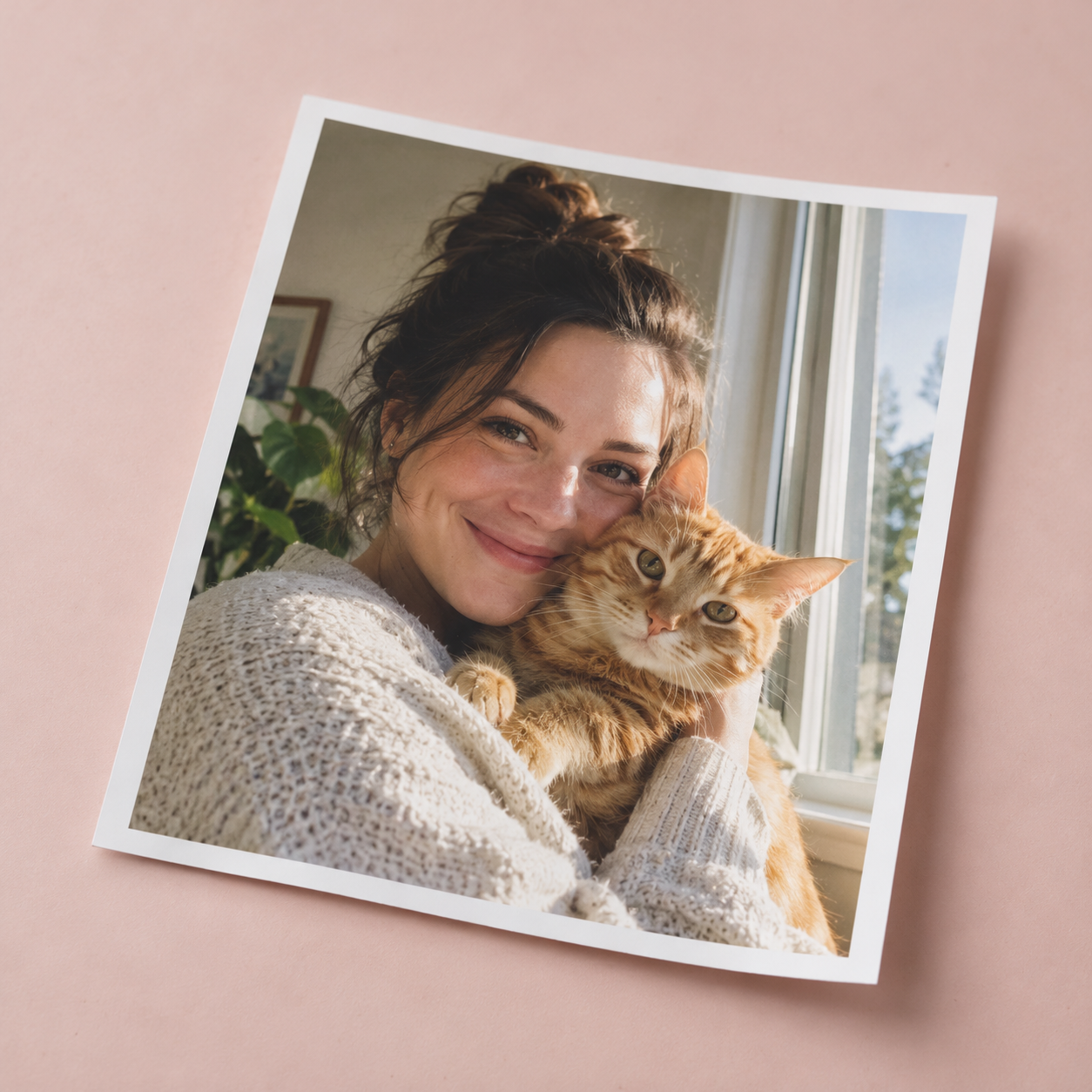 A simple white-bordered photo print of a woman with her cat