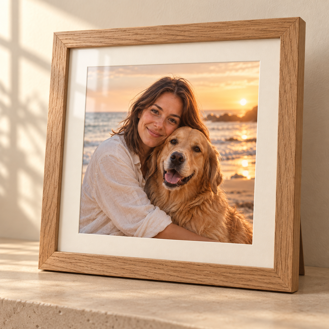 Oak frame with a woman and her golden retriever portrait, photographed in natural light